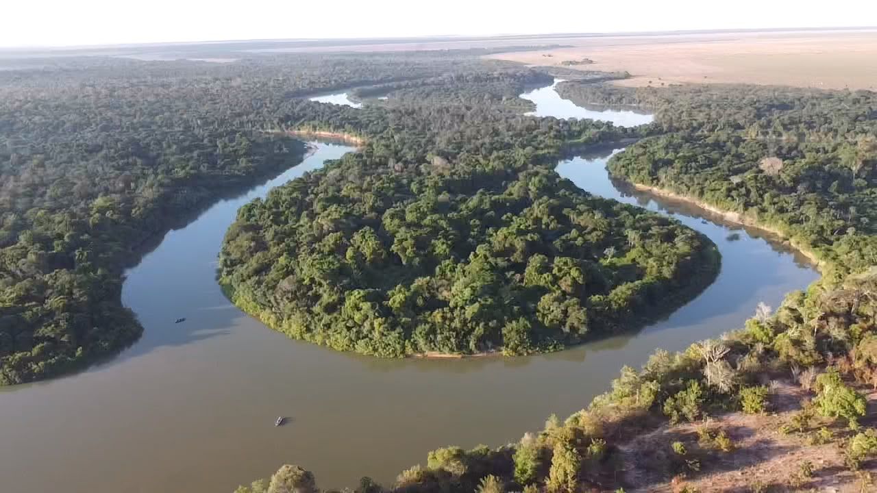 Aerial view of a winding river cutting through dense forest in Central Brazil